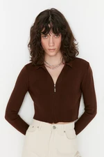 Trendyol Brown Crop Zippered Knitwear Cardigan