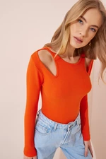 Happiness İstanbul Women's Orange Cut Out Detailed Corduroy Knitted Blouse