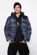 Trendyol Navy Blue Men's Oversized Plaid Print Winter Coat with Detachable Hood, Water/Wind Resistant.