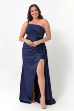 Lafaba Women's Navy Blue One-Shoulder Plus Size Satin Evening Dress & Prom Dress