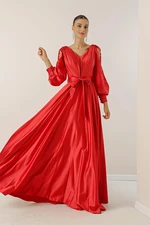 By Saygı Front Back V-Neck Draped Back Waist Belted Sleeves Tulle Bead Detailed Lined Long Satin Dress.