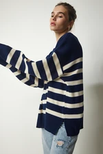 Happiness İstanbul Women's Navy Blue Bone Striped Oversize Knitwear Sweater