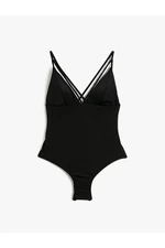 Koton V-Neck Swimsuit with Thin Straps Covered Piping Detail.