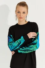 Cool & Sexy Women's Black Sleeves Sequined Sweatshirt