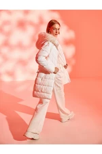 Koton Long Puffer Jacket with Faux Fur Detail and Belt