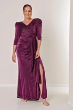 By Saygı Three Quarter-Centural Voluminous Sleeves Lined Long Evening Dress, Plus Size.