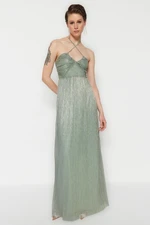 Trendyol Mint Long Evening Dress that Opens at the Waist/Skater Lined, Shimmering