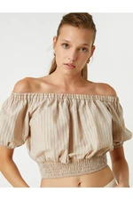 Koton Off-the-Shoulder Crop Blouse With Elastic Waist, Linen Blend.