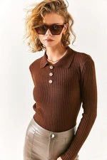 Olalook Women's Bitter Brown Gold Buttoned Polo Neck Ribbed Knitwear Sweater