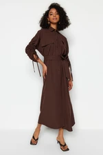 Trendyol Adjustable Detailed Sleeves With Brown Belt, Woven Cotton Shirt Dress