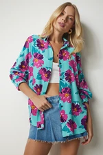 Happiness İstanbul Women's Turquoise Pink Patterned Oversized Flowy Viscose Shirt