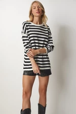 Happiness İstanbul Women's Black and White Striped Oversized Knitwear Sweater