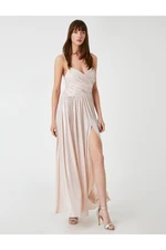 Koton Long Evening Dress With Draped Straps, Shiny