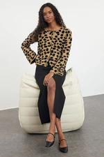 Trendyol Camel Soft Texture Leopard Patterned Jacket-Look Knitwear Cardigan