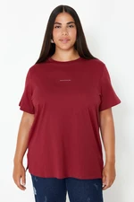 Trendyol Curve Claret Red Crew Neck Printed Plus Size Knitted Tshirt