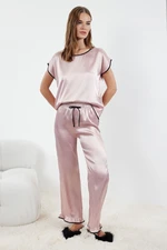 Trendyol Pink Tie and Piping Detailed Satin Woven Pajama Set