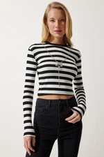 Happiness İstanbul Women's Black and White Detachable Necklace Striped Crop Knitted Blouse