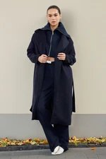 Trendyol Navy Blue Oversized Wool Coat with Removable Knitwear Detail