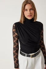 Happiness İstanbul Women's Black Lace Sleeve Gathered Knitted Blouse