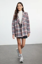 Trendyol Gray Oversize Lined Double Breasted Closure Woven Plaid Blazer Jacket