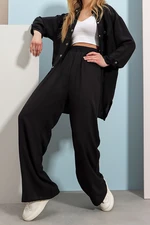 Trend Alaçatı Stili Women's Black Safari Jacket with Two Pockets and Elastic Waist Wide Leg Aerobin Pants Suit