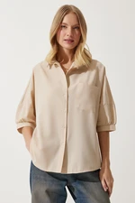 Happiness İstanbul Women's Cream Balloon Sleeve Poplin Shirt