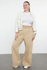 Trendyol Curve Beige 100% Cotton Flexible Elastic Waist Gabardine Thick Plus Size Woven Trousers