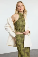 Trendyol Green Draped Weightlifting Neck Fitted/Situated Tulle Knit Knitted Blouse