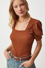 Happiness İstanbul Women's Dark Tan Square Collar Balloon Sleeve Knitted Blouse