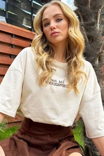 Trend Alaçatı Stili Women's Cream Crew Neck Front Embroidered Oversized T-Shirt