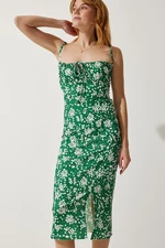 Happiness İstanbul Women's Dark Green Floral Slit Summer Knitted Dress