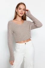 Trendyol Mink Crop Basic Pletený Svetr s Výstřihem do V