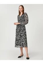 Koton Kvetinové šifónové šaty s dlhým rukávom midi dĺžky