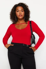 Trendyol Curve Red V-Neck Plain Basic Sandy Knitted Plus Size Blouse