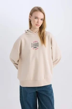 DEFACTO Beige Cool Loose Fit Printed Hooded Sweatshirt