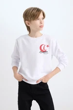 DEFACTO Boy White Regular Fit Crew Neck Atatürk Printed Embroidered Sweatshirt