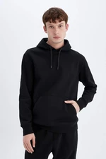 DEFACTO Black Pocket Regular Fit Hooded Soft Furry Basic Plain Sweatshirt