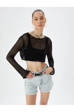 Koton Crop Openwork Knitted T-Shirt Long Sleeves Crew Neck Glitter Look