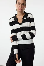 Trendyol Black Striped Sleeve Detailed Polo Neck Knitwear Sweater