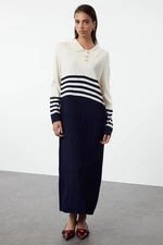 Trendyol Beige Navy Blue Color Block Knit Dress