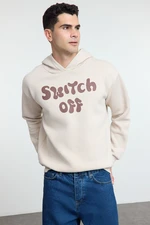 Trendyol Beige Oversize/Wide Cut Text Printed Hooded Fleece Sweatshirt