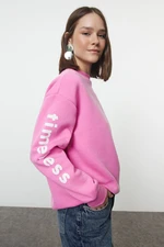 Trendyol Pink Thick Polar Fleece Oversize/Wide Cut Slogan Printed Knitted Sweatshirt