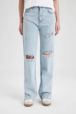 DEFACTO 90's Wide Leg Ripped Detailed High Waist Leg Tip Cut Down Long Jean Washer Pants