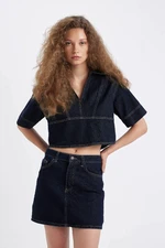 DEFACTO Fashion Fit Polo Collar Short Sleeve Jean Blouse