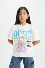 DEFACTO Girl's Oversize Fit Crew Neck Printed Short Sleeve T-Shirt