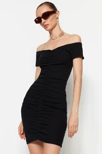 Trendyol Black Shirring Detail, Fitted Carmen Collar Mini Ribbed, Flexible Knit Dress