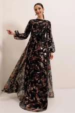 By Saygı Belted Waist Lined Gilded Long Dress Wide Size Range Black-gold