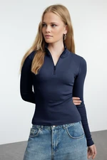 Trendyol Navy Blue Fitted/Fits the Body Zippered Collar Flexible Knitted Blouse