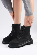 Mio Gusto Alex Black Color Suede Women's Ankle Boots With Lace And Zipper And Thick Sole.