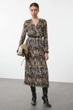 Trendyol Brown Belted Plain Belted Maxi Woven Dress